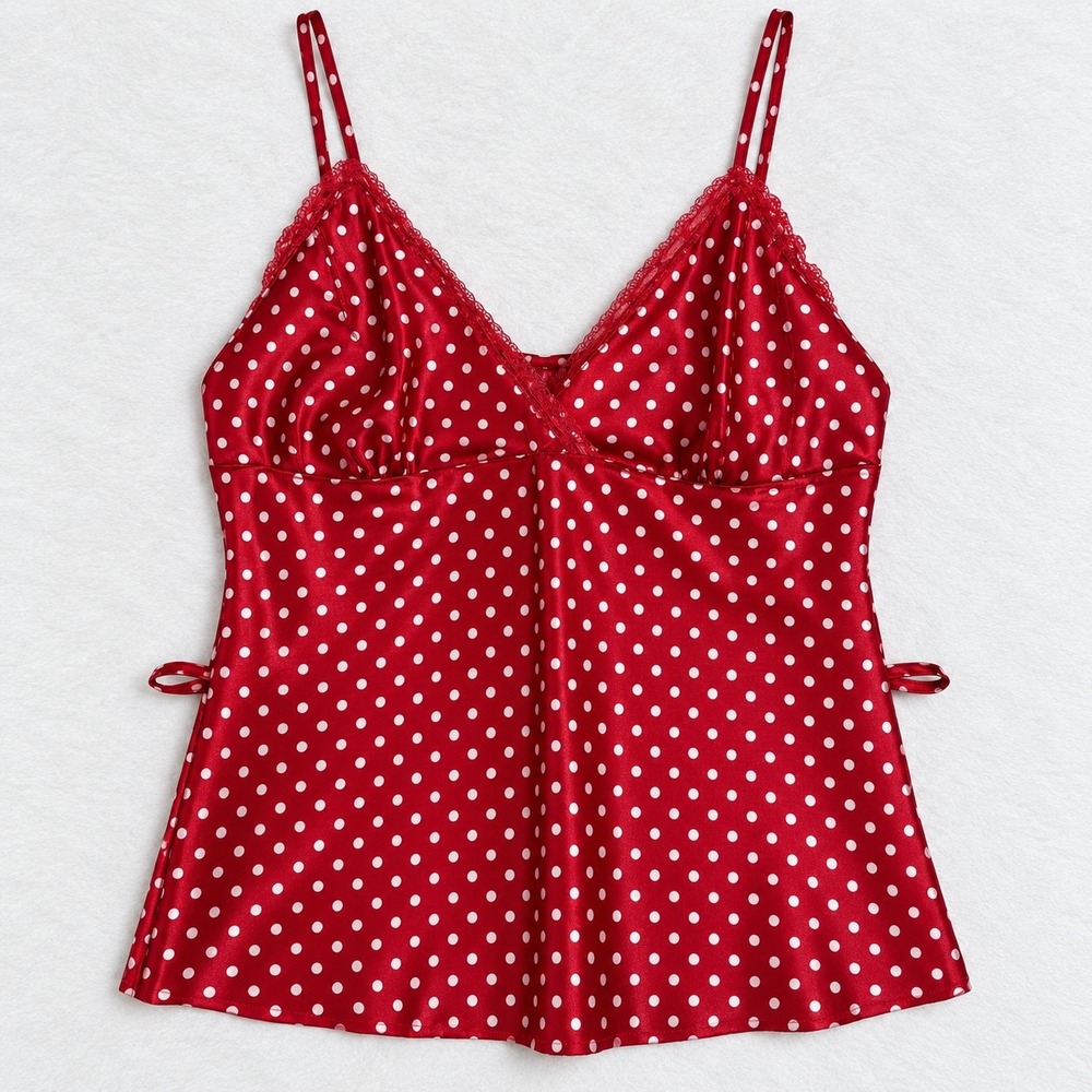Shes Cool Red Polka Dot Lace Trim Cami Top Medium Raw Hem V-Neck Camisole